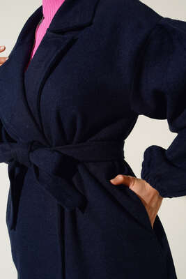 Bilekleri Lastikli Kaşe Kaban Lacivert - Thumbnail