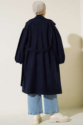 Bilekleri Lastikli Kaşe Kaban Lacivert - Thumbnail