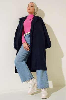 Bilekleri Lastikli Kaşe Kaban Lacivert - Thumbnail