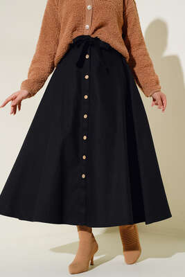 Boydan Düğmeli Kuşaklı Etek Siyah - Thumbnail