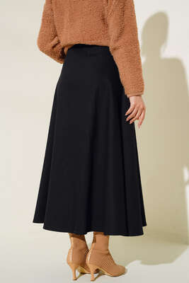 Boydan Düğmeli Kuşaklı Etek Siyah - Thumbnail