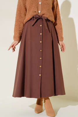 Boydan Düğmeli Kuşaklı Etek Kahve - Thumbnail