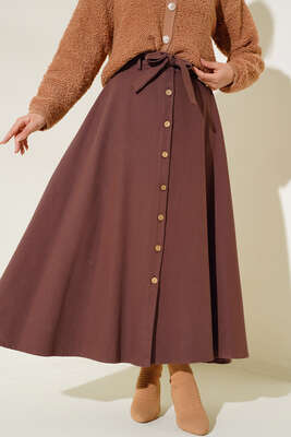 Boydan Düğmeli Kuşaklı Etek Kahve - Thumbnail