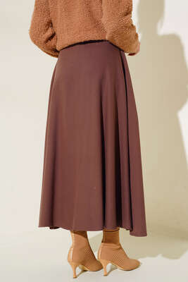 Boydan Düğmeli Kuşaklı Etek Kahve - Thumbnail