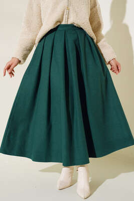 Yandan Fermuarlı Kaşe Etek Zümrüt Yeşili - Thumbnail