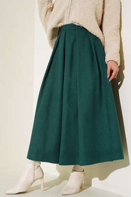 Yandan Fermuarlı Kaşe Etek Zümrüt Yeşili - Thumbnail