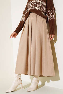 Yandan Fermuarlı Kaşe Etek Latte - Thumbnail