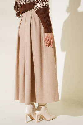 Yandan Fermuarlı Kaşe Etek Latte - Thumbnail