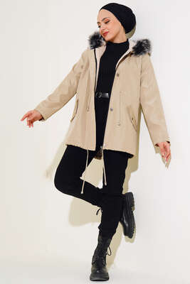 İçi Kürklü Kısa Mont Taş - Thumbnail