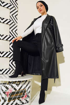 Pazarium - Tek Düğmeli Kuşaklı Deri Trençkot Siyah