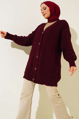 Önden Düğmeli Örgü Hırka Mürdüm - Thumbnail