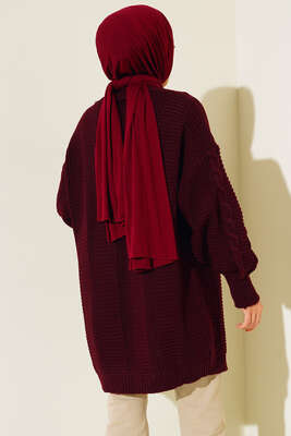 Önden Düğmeli Örgü Hırka Mürdüm - Thumbnail