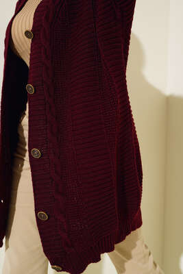 Önden Düğmeli Örgü Hırka Mürdüm - Thumbnail