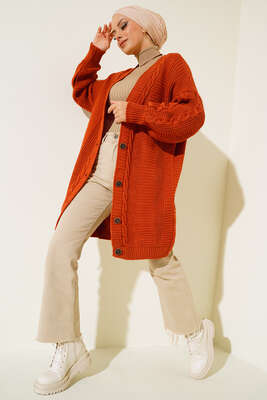 Önden Düğmeli Örgü Hırka Kiremit - Thumbnail