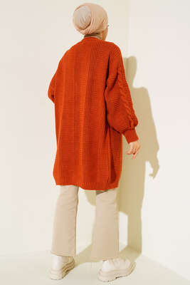 Önden Düğmeli Örgü Hırka Kiremit - Thumbnail