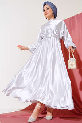 Yarasa Kol Saten Elbise Gümüş - Thumbnail