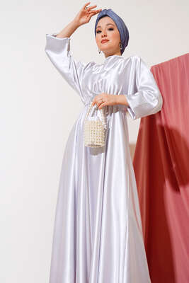 Yarasa Kol Saten Elbise Gümüş - Thumbnail