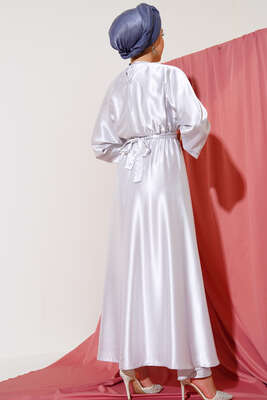 Yarasa Kol Saten Elbise Gümüş - Thumbnail