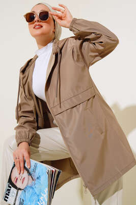 Cepli Fermuarlı Kapüşonlu Trençkot Vizon - Thumbnail