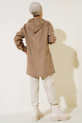 Cepli Fermuarlı Kapüşonlu Trençkot Vizon - Thumbnail