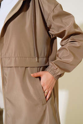 Cepli Fermuarlı Kapüşonlu Trençkot Vizon - Thumbnail