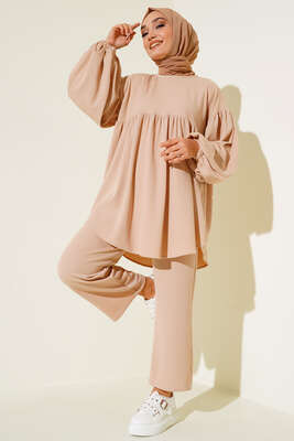 Bileği Lastikli Fitilli İkili Takım Bej - Thumbnail