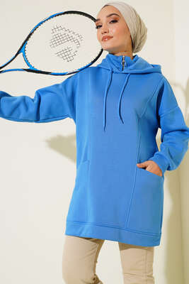 İçi Polarlı Kapüşonlu Tunik Saks - Thumbnail