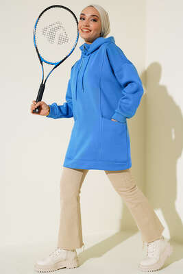 İçi Polarlı Kapüşonlu Tunik Saks - Thumbnail