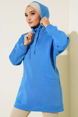 İçi Polarlı Kapüşonlu Tunik Saks - Thumbnail