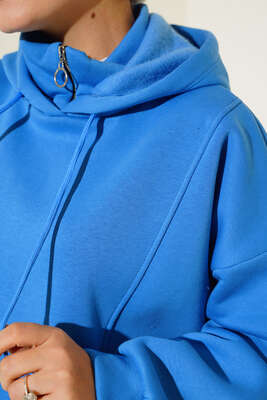 İçi Polarlı Kapüşonlu Tunik Saks - Thumbnail