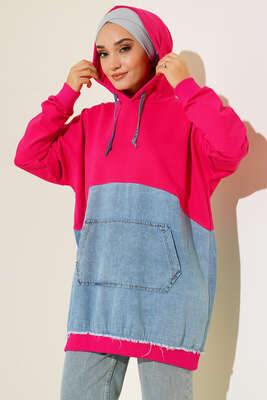 Kot Garnili Kapüşonlu Tunik Fuşya - Thumbnail