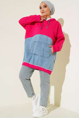 Kot Garnili Kapüşonlu Tunik Fuşya - Thumbnail