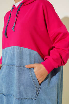 Kot Garnili Kapüşonlu Tunik Fuşya - Thumbnail