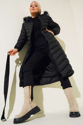 Pazarium - Kemerli Şişme Mont Siyah