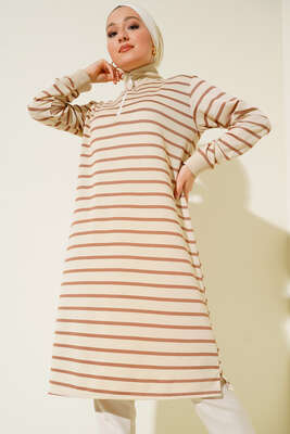 Dik Yaka Çizgili Tunik Latte - Thumbnail