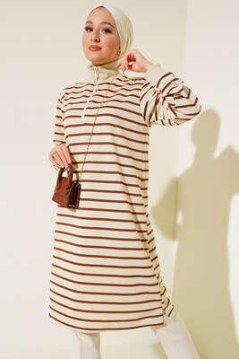 Dik Yaka Çizgili Tunik Kahve - Thumbnail