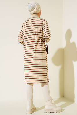 Dik Yaka Çizgili Tunik Kahve - Thumbnail