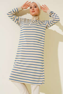 Dik Yaka Çizgili Tunik İndigo - Thumbnail