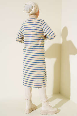 Dik Yaka Çizgili Tunik İndigo - Thumbnail