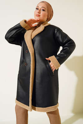 İçi Kürklü Düğmeli Kaban Siyah - Thumbnail