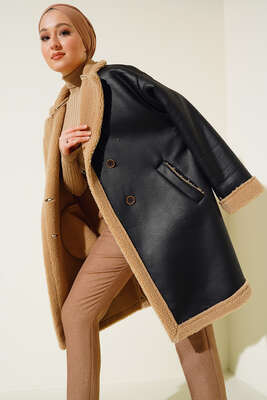 İçi Kürklü Düğmeli Kaban Siyah - Thumbnail