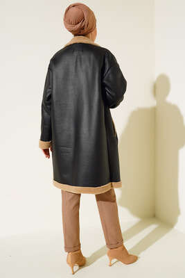 İçi Kürklü Düğmeli Kaban Siyah - Thumbnail