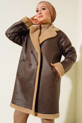 İçi Kürklü Düğmeli Kaban Kahve - Thumbnail