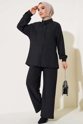 Pazarium - İnce Çizgili İkili Takım Siyah