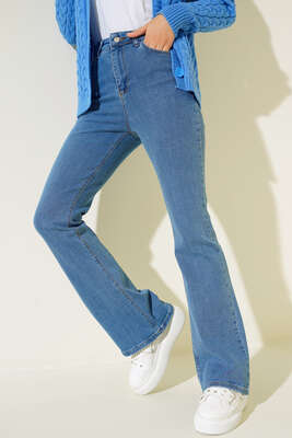 Pazarium - Yüksek Bel İspanyol Paça Pantolon Mavi