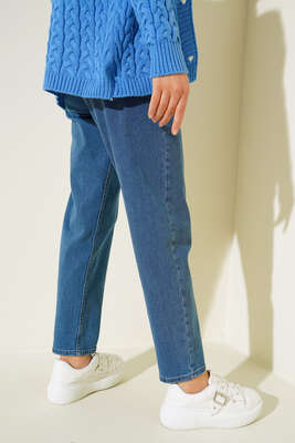 Mom Friend Düz Jean Pantolon Kot Mavisi - Thumbnail