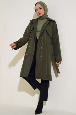 Kuşaklı Cepli Trençkot Haki - Thumbnail