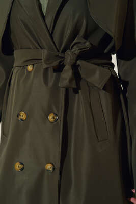 Kuşaklı Cepli Trençkot Haki - Thumbnail