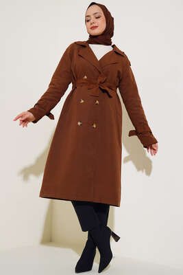 Pazarium - Apoletli Kruvaze Yaka Trençkot Taba