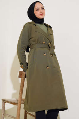 Apoletli Kruvaze Yaka Trençkot Haki - Thumbnail